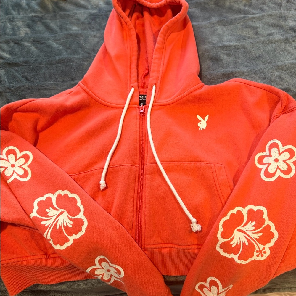 PLAYBOY Red Hoodie with White Floral Design
